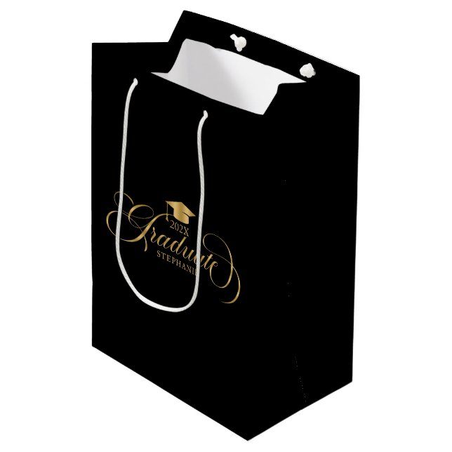 Graduate Elegant Gold Black Script Typography Medium Gift Bag (Front Angled)