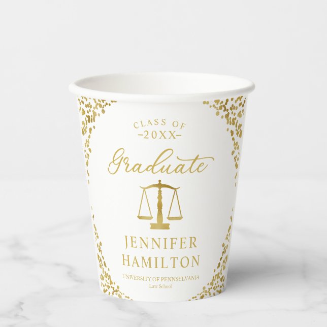 Graduate Elegant Gold Blue Law School Graduation Paper Cups (Front)