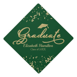 Graduate Elegant Gold Foil Calligraphy On Green Graduation Cap Topper