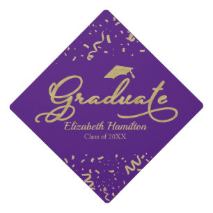 Graduate Elegant Gold Foil Calligraphy On Purple Graduation Cap Topper