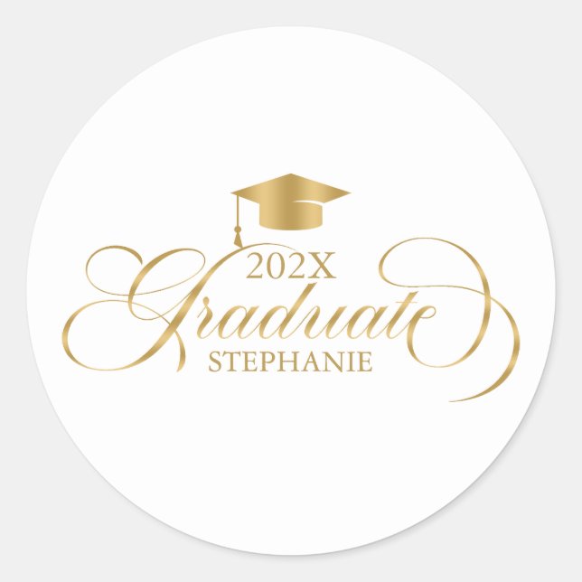 Graduate Elegant Gold Script Typography Classic Round Sticker (Front)