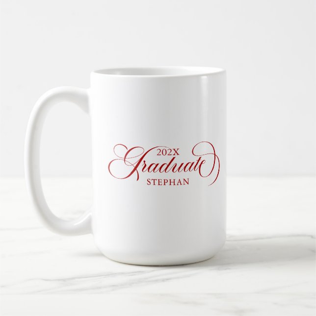 Graduate Elegant Red Script Typography Coffee Mug (Left)