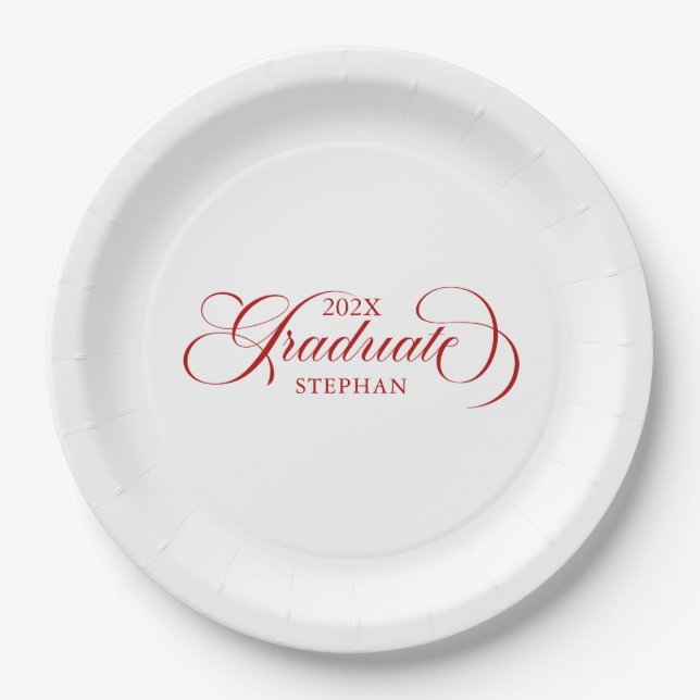 Graduate Elegant Red Script Typography Paper Plate (Front)