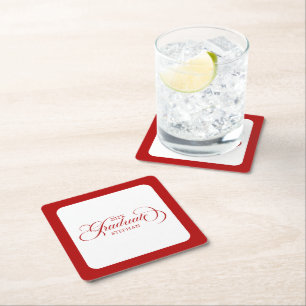 Graduate Elegant Red Script Typography Square Paper Coaster