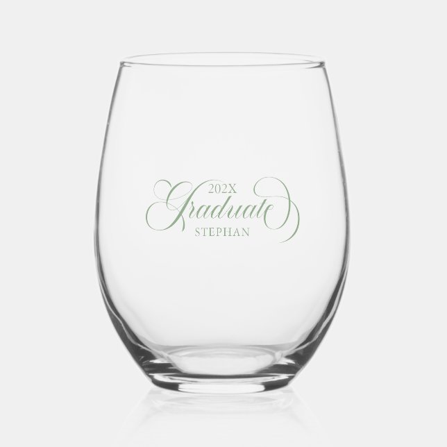 Graduate Elegant Sage Green Script Typography Stemless Wine Glass (Front)