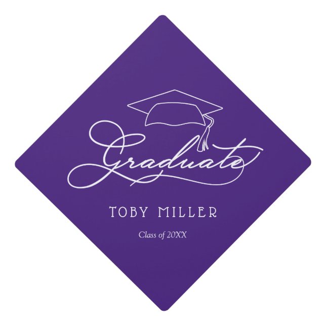 Graduate Elegant Script on Purple Graduation Cap Topper (Front)