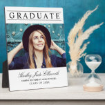 Graduate Elegant White Photo Keepsake Plaque<br><div class="desc">A refined white graduation plaque featuring Graduate in sophisticated spaced serif type above a senior portrait, with the graduate's name in flowing script and the school name and class year below. The clean white background creates a timeless, elegant look. Customize with a favourite photo and details for a beautiful tabletop...</div>