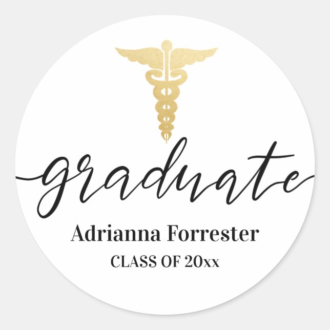 Graduate Faux Gold Foil Caduceus Medical Nursing Classic Round Sticker (Front)