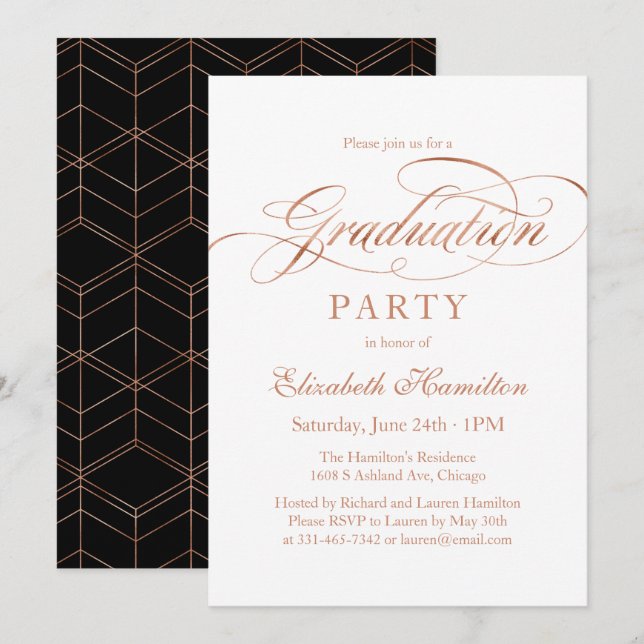 Graduate Foil Rose Gold Elegant Script Grad Party Invitation (Front/Back)