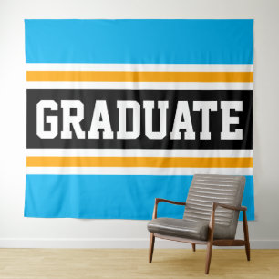 GRADUATE Fun Bright Sky Blue Black Orange Stripes Tapestry