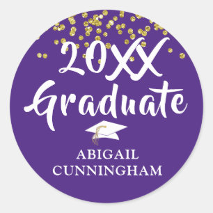 Graduate Glitter Confetti Brush Script Name Purple Classic Round Sticker