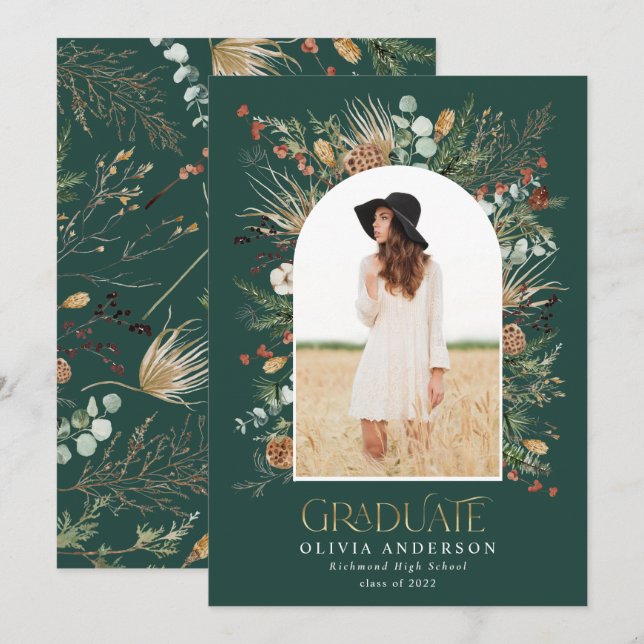 Graduate gold 1 photo green arch botanical modern announcement (Front/Back)