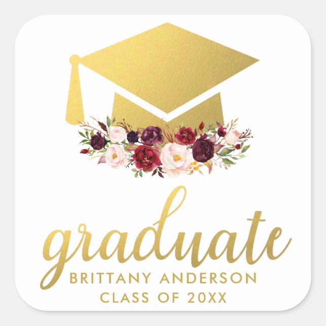 Graduate Gold Burgundy Watercolor Floral Square Sticker (Front)