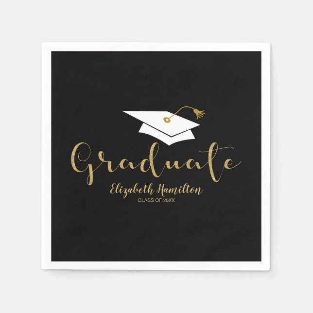 Graduate Gold Calligraphy Grad Cap Graduation Napkin (Front)