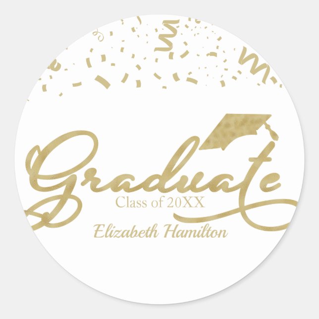 Graduate Gold Foil Graduation Party Black Classic  Classic Round Sticker (Front)