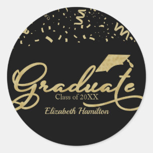 Graduate Gold Foil Graduation Party Black Classic Round Sticker