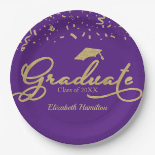 Graduate Gold Foil Graduation Party Black Purple Paper Plate