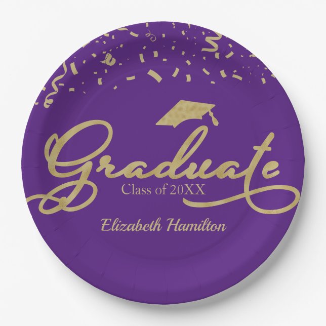Graduate Gold Foil Graduation Party Black Purple Paper Plate (Front)