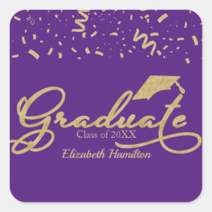 Graduate Gold Foil Graduation Party Purple Square Sticker