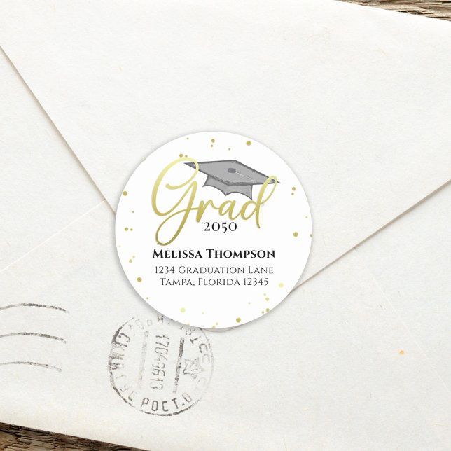 Graduate Gold Grad Calligraphy Return Address Classic Round Sticker (Creator Uploaded)
