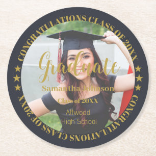 Graduate Gold Photo Round Paper Coaster