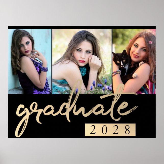 Graduate Gold Script | Elegant 3 Photo Keepsake Poster (Front)