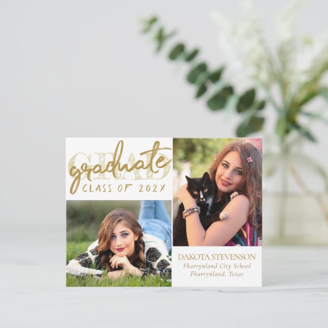Graduate Gold Script | Elegant Grad 2 Photo Postcard (Standing Front)