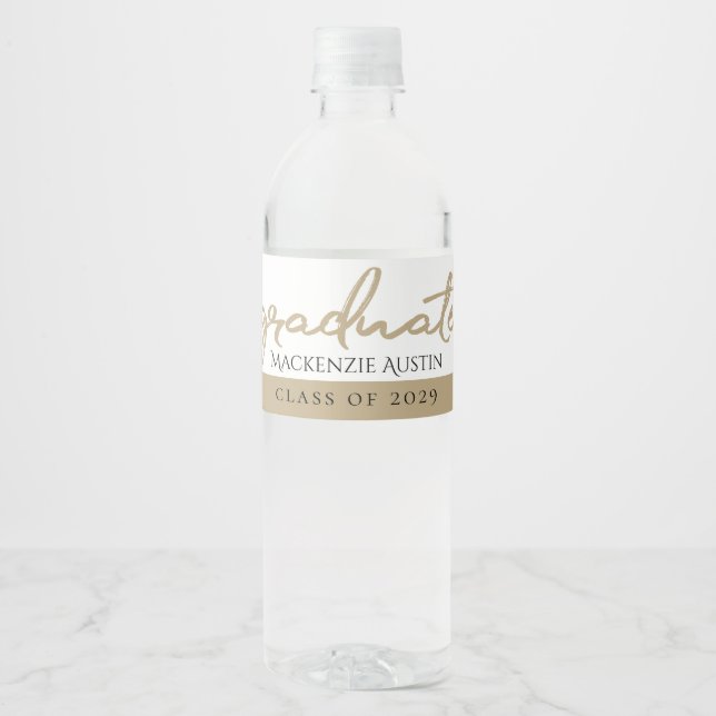 Graduate Gold Script | Elegant Hand-Lettered Brush Water Bottle Label (Front)