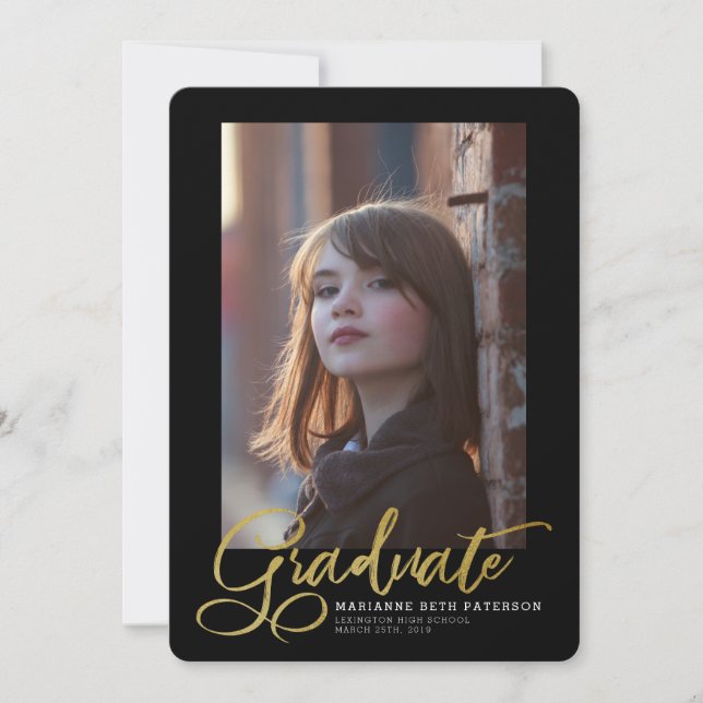 Graduate Gold Script Photo Graduation Announcement (Front)