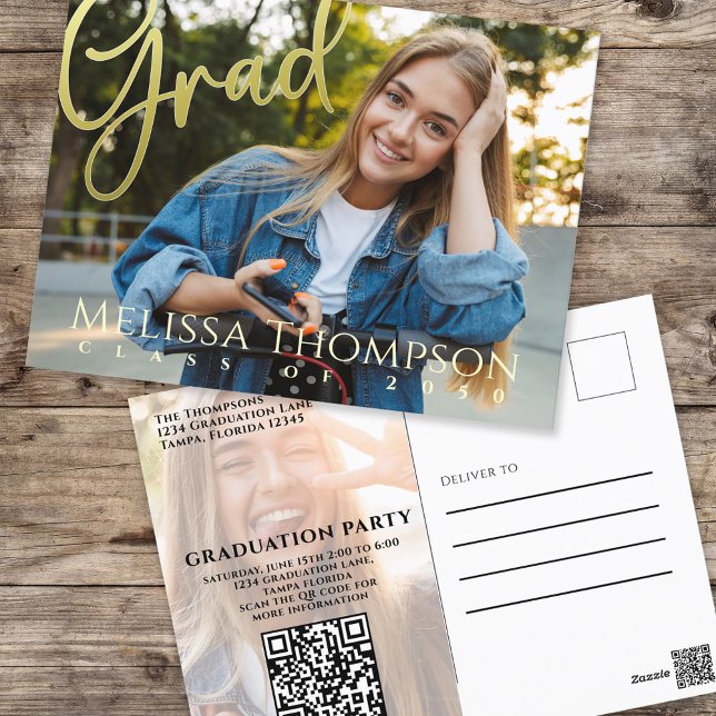 Graduate Gold Script Photo Template Invitation Postcard (Graduation gold calligraphy script with full bleed photo template postcard. )
