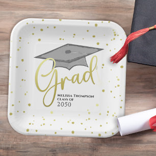 Graduate Grad Gold Calligraphy Graduation Cap Paper Plate