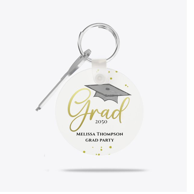 Graduate Grad Gold Graduation Script Party Keychain (Gold script graduate design on sleek black background for stylish graduation party favor.)