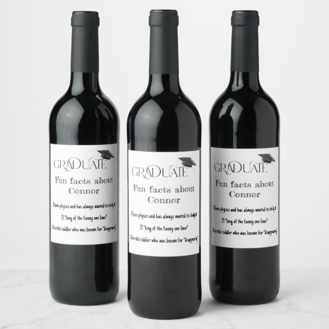 Graduate Graduation Cap Fun Facts Wine Label (Bottles)