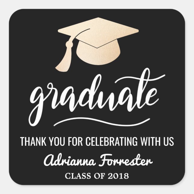 Graduate Handwritten | Grad Hat | Thank You Black Square Sticker (Front)