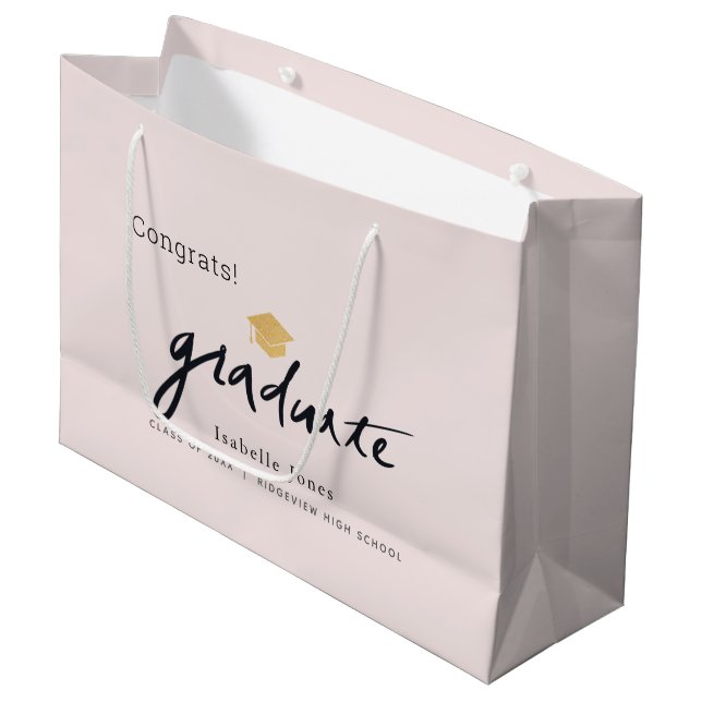 Graduate Handwritten Script Graduation Cap Pink Large Gift Bag (Front Angled)