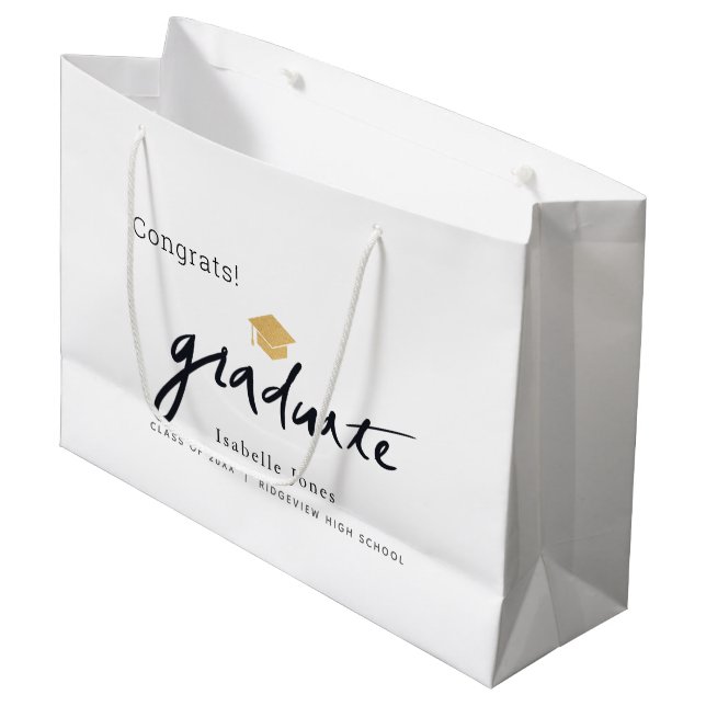 Graduate Handwritten Script Graduation Cap White Large Gift Bag (Front Angled)