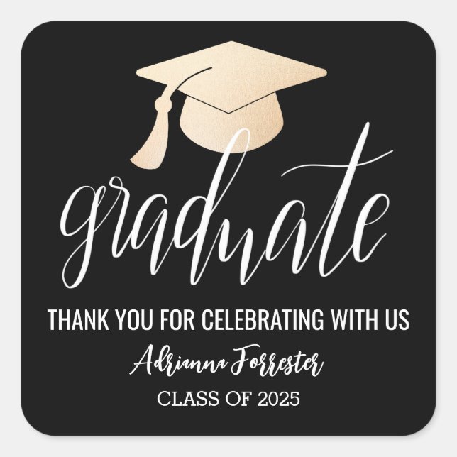 Graduate Handwritten Script | Hat Thank You Black Square Sticker (Front)
