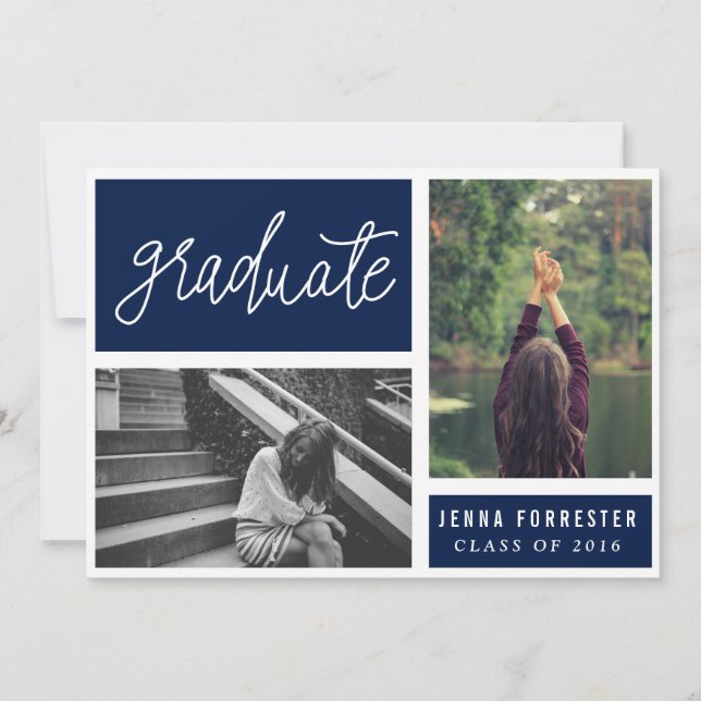 Graduate Handwritten Script Two Photos Navy Blue Invitation (Front)