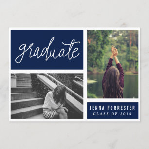 Graduate Handwritten Script Two Photos Navy Blue Invitation
