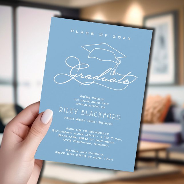 Graduate Hat Powder Blue Graduation Announcement (Powder blue graduation announcement cards feature your details in chic white lettering.)