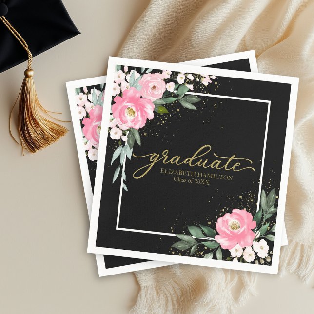 Graduate Hot Pink Floral Graduation Party Black Napkin (Creator Uploaded)