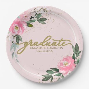 Graduate Hot Pink Floral Graduation Party Paper Plate