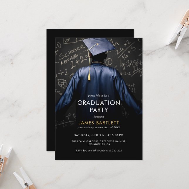 Graduate in Blue Gown with Mathematical Chalkboard Invitation (Front/Back In Situ)
