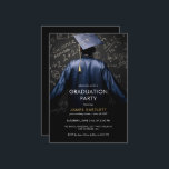 Graduate in Blue Gown with Mathematical Chalkboard Invitation<br><div class="desc">This striking image features a graduate wearing a deep blue cap and gown, standing confidently with their back to the camera. The background is a chalkboard filled with mathematical equations, formulas, and geometric sketches, symbolizing academic achievement and intellectual growth. The image conveys a sense of accomplishment, inspiration, and the pursuit...</div>