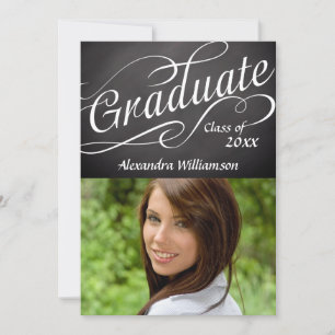 Graduate in Swirly Script Chalkboard w/ Photo Invitation