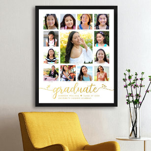Graduate K–12 Photo Collage Script White Real Gold Foil Prints
