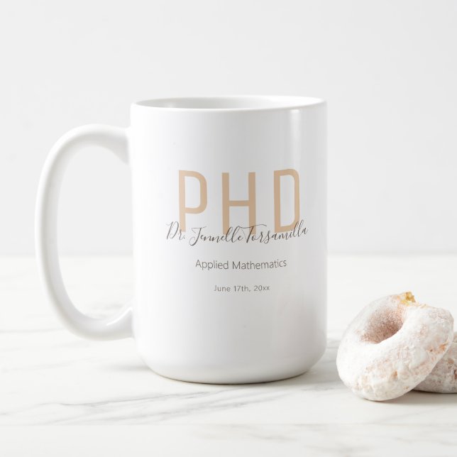 Graduate Keepsake Beige Brown Name PhD Coffee Mug (With Donut)