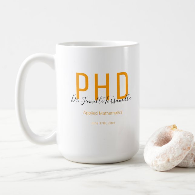 Graduate Keepsake Orange Black Name PhD Coffee Mug (With Donut)