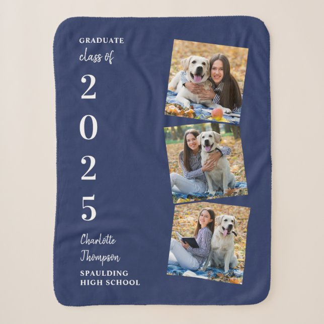 Graduate Keepsake Personalized 3 Photo Navy Blue  Sherpa Blanket (Front)