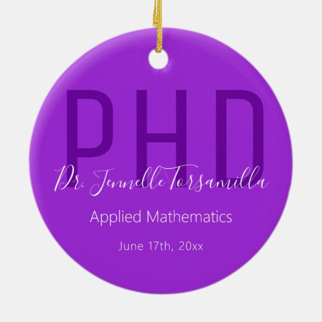 Graduate Keepsake Purple White Name Degree PhD Ceramic Ornament (Back)